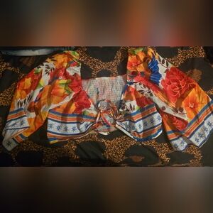 Floral Tie-Front Puff Sleeve Crop Top in Orange Multi